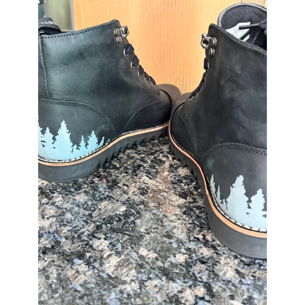 Territory Mens Black Leather Boots Pine Tree Graphic Cap Toe Lace Up Size‎ 10